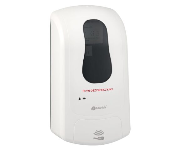 Bezdotykowy automatyczny dozownik płynu dezynfekcyjnego w sprayu MERIDA ONE na jednorazowe wkłady 1000 ml, tworzywo ABS, biały