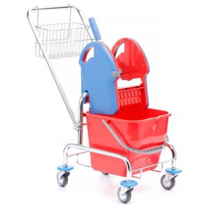 Wózek do sprzątania jednowiadrowy chromowany, wiadro 20 l, prasa do mopów, koszyk metalowy
