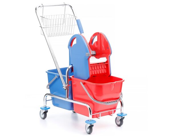 Wózek do sprzątania dwuwiadrowy chromowany, 2 wiadra 20 l, prasa do mopów, koszyk metalowy Wózek do sprzątania dwuwiadrowy chromowany, 2 wiadra 20 l, prasa do mopów, koszyk metalowy