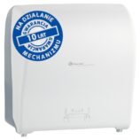 Mechaniczny podajnik ręczników papierowych w rolach MERIDA SOLID CUT AUTOMATIC MAXI, tworzywo ABS, front pełen biały - mat, tył transparentny jasny - mat