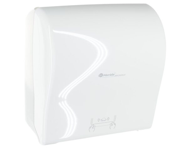 Mechaniczny podajnik ręczników papierowych w rolach MERIDA SOLID CUT AUTOMATIC MAXI, tworzywo ABS, front pełen biały - połysk, tył transparentny jasny - połysk Mechaniczny podajnik ręczników papierowych w rolach MERIDA SOLID CUT AUTOMATIC MAXI, tworzywo ABS, front pełen biały - połysk, tył transparentny jasny - połysk