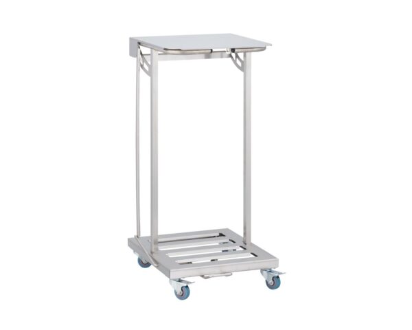 Stelaż na worki, z wolno opadającą pokrywą i przyciskiem pedałowym, na kółkach, stal matowa