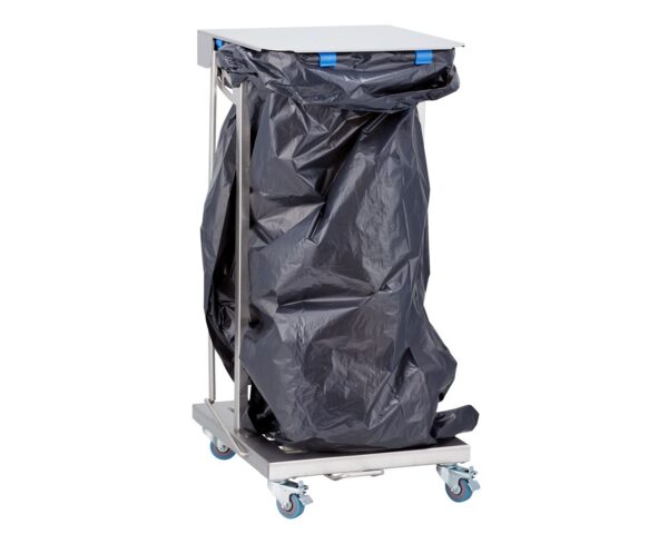 Stelaż na worki, z wolno opadającą pokrywą i przyciskiem pedałowym, na kółkach, stal matowa Stelaż na worki, z wolno opadającą pokrywą i przyciskiem pedałowym, na kółkach, stal matowa