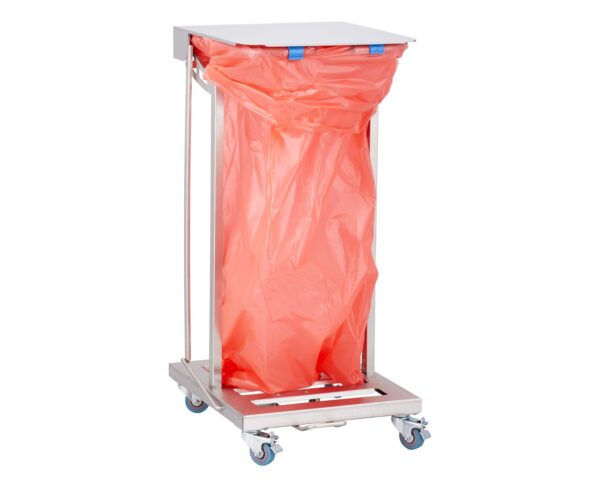 Stelaż na worki, z wolno opadającą pokrywą i przyciskiem pedałowym, na kółkach, stal matowa Stelaż na worki, z wolno opadającą pokrywą i przyciskiem pedałowym, na kółkach, stal matowa