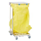 Stelaż na worki, z wolno opadającą pokrywą i przyciskiem pedałowym, na kółkach, stal matowa