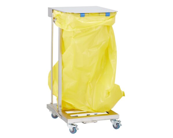 Stelaż na worki, z wolno opadającą pokrywą i przyciskiem pedałowym, na kółkach, stal matowa Stelaż na worki, z wolno opadającą pokrywą i przyciskiem pedałowym, na kółkach, stal matowa