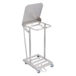 Stelaż na worki, z wolno opadającą pokrywą i przyciskiem pedałowym, na kółkach, stal matowa