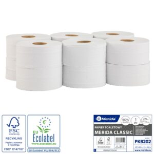 Papier toaletowy MERIDA CLASSIC, biały, średnica 19 cm, długość 220 m, jednowarstwowy, zgrzewka 12 szt., ECOLABEL