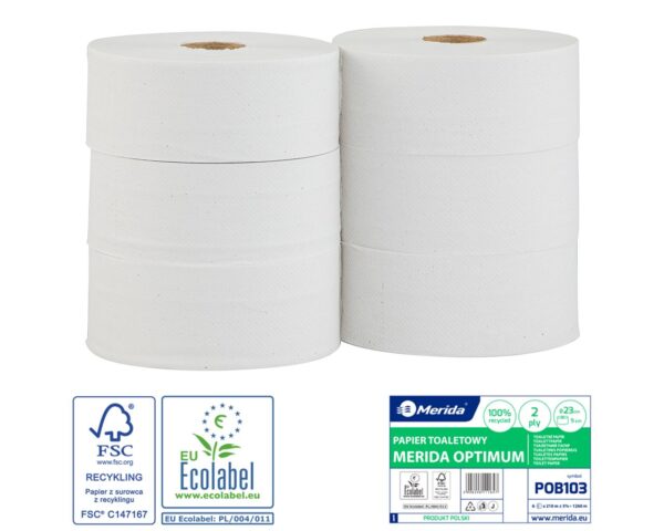 Papier toaletowy MERIDA OPTIMUM, biały, średnica 23 cm, długość 210 m, dwuwarstwowy, zgrzewka 6 szt., ECOLABEL Papier toaletowy MERIDA OPTIMUM, biały, średnica 23 cm, długość 210 m, dwuwarstwowy, zgrzewka 6 szt., ECOLABEL