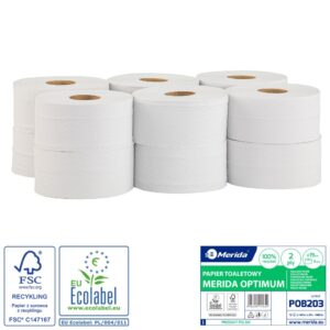Papier toaletowy MERIDA OPTIMUM, biały, średnica 19 cm, długość 140 m, dwuwarstwowy, zgrzewka 12 szt., ECOLABEL