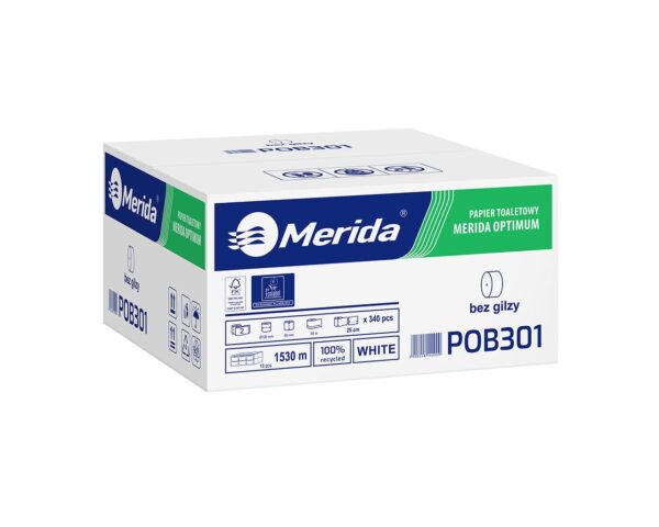 Papier toaletowy bez gilzy, MERIDA OPTIMUM ECOLABEL, dwuwarstwowy, biały, średnica 12 cm, długość 85 m, karton 18 rolek Papier toaletowy bez gilzy, MERIDA OPTIMUM ECOLABEL, dwuwarstwowy, biały, średnica 12 cm, długość 85 m, karton 18 rolek