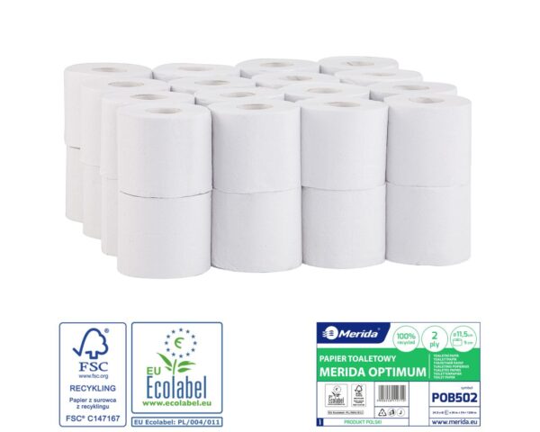 Papier toaletowy MERIDA OPTIMUM, biały, średnica 11 cm, długość 50 m, dwuwarstwowy, worek 32 szt., ECOLABEL Papier toaletowy MERIDA OPTIMUM, biały, średnica 11 cm, długość 50 m, dwuwarstwowy, worek 32 szt., ECOLABEL