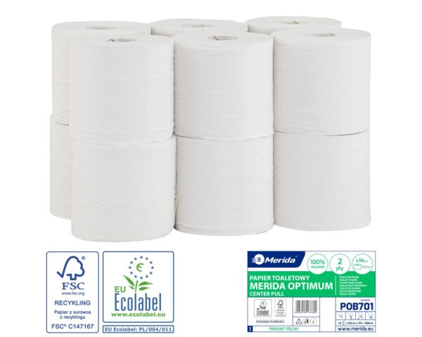 Papier toaletowy MERIDA OPTIMUM, biały, średnica 14 cm, długość 80 m, dwuwarstwowy, zgrzewka 12 szt., ECOLABEL