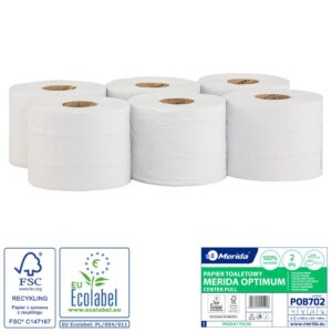 Papier toaletowy MERIDA OPTIMUM CENTER PULL biały, średnica 17 cm, długość 120 m, dwuwarstwowy, zgrzewka 6 szt., ECOLABEL