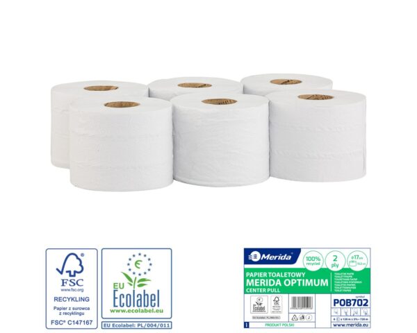 Papier toaletowy MERIDA OPTIMUM CENTER PULL biały, średnica 17 cm, długość 120 m, dwuwarstwowy, zgrzewka 6 szt., ECOLABEL Papier toaletowy MERIDA OPTIMUM CENTER PULL biały, średnica 17 cm, długość 120 m, dwuwarstwowy, zgrzewka 6 szt., ECOLABEL