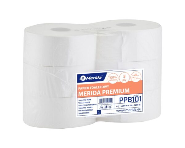 Papier toaletowy MERIDA PREMIUM, biały, średnica 23 cm, długość 200 m, trzywarstwowy, zgrzewka 6 szt. Papier toaletowy MERIDA PREMIUM, biały, średnica 23 cm, długość 200 m, trzywarstwowy, zgrzewka 6 szt.