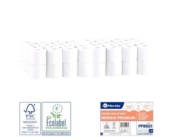Papier toaletowy MERIDA PREMIUM, biały, średnica 10,5 cm, długość 27,5 m, trzywarstwowy, worek 64 szt., ECOLABEL Papier toaletowy MERIDA PREMIUM, biały, średnica 10,5 cm, długość 27,5 m, trzywarstwowy, worek 64 szt., ECOLABEL