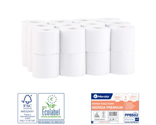Papier toaletowy MERIDA PREMIUM, biały, średnica 12,5 cm, długość 50 m, trzywarstwowy, worek 24 szt., ECOLABEL Papier toaletowy MERIDA PREMIUM, biały, średnica 12,5 cm, długość 50 m, trzywarstwowy, worek 24 szt., ECOLABEL