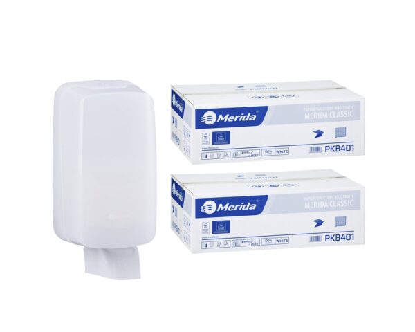 Pojemnik na papier toaletowy w listkach MERIDA HARMONY za 1 zł netto przy zakupie 2 kartonów papierów toaletowych MERIDA CLASSIC PKB401 (18 000 listków) Pojemnik na papier toaletowy w listkach MERIDA HARMONY za 1 zł netto przy zakupie 2 kartonów papierów toaletowych MERIDA CLASSIC PKB401 (18 000 listków)