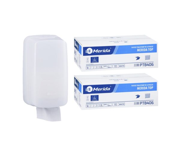 Pojemnik na papier toaletowy w listkach MERIDA HARMONY za 1 zł netto przy zakupie 2 kartonów papierów toaletowych MERIDA TOP PTB406 (18 000 listków) Pojemnik na papier toaletowy w listkach MERIDA HARMONY za 1 zł netto przy zakupie 2 kartonów papierów toaletowych MERIDA TOP PTB406 (18 000 listków)