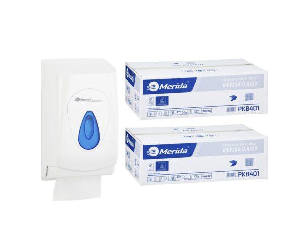 Pojemnik na papier toaletowy w listkach MERIDA TOP za 1 zł netto przy zakupie 2 kartonów papierów toaletowych MERIDA CLASSIC PKB401 (18 000 listków)