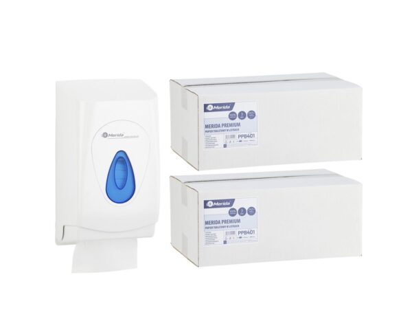 Pojemnik na papier toaletowy w listkach MERIDA TOP za 1 zł netto przy zakupie 2 kartonów papierów toaletowych MERIDA PREMIUM PPB401 (9 600 listków)