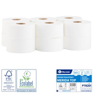 Papier toaletowy MERIDA TOP, biały, średnica 19 cm, długość 180 m, dwuwarstwowy, zgrzewka 12 szt., ECOLABEL