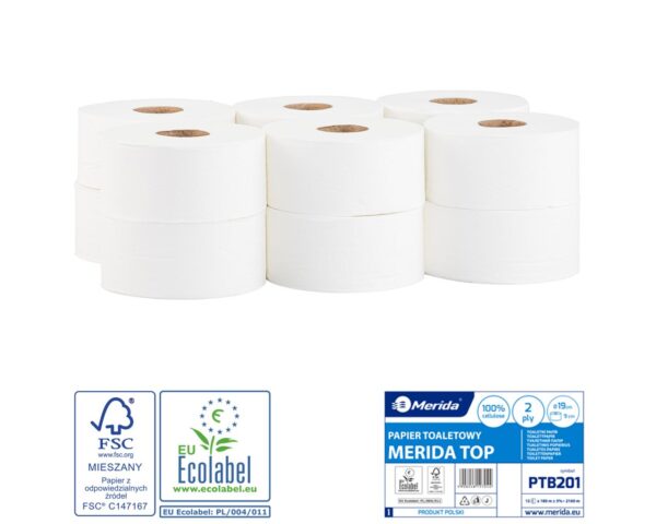Papier toaletowy MERIDA TOP, biały, średnica 19 cm, długość 180 m, dwuwarstwowy, zgrzewka 12 szt., ECOLABEL Papier toaletowy MERIDA TOP, biały, średnica 19 cm, długość 180 m, dwuwarstwowy, zgrzewka 12 szt., ECOLABEL