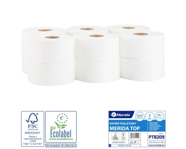Papier toaletowy MERIDA TOP, biały, średnica 18 cm, długość 100 m, dwuwarstwowy, zgrzewka 12 szt., ECOLABEL