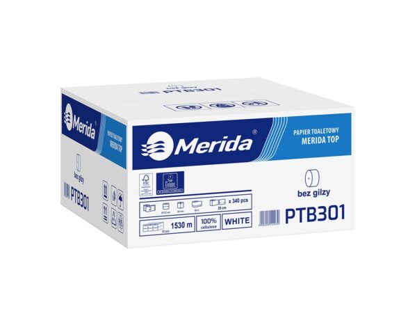Papier toaletowy bez gilzy, MERIDA TOP ECOLABEL, dwuwarstwowy, biały, średnica 12 cm, długość 85 m, karton 18 rolek Papier toaletowy bez gilzy, MERIDA TOP ECOLABEL, dwuwarstwowy, biały, średnica 12 cm, długość 85 m, karton 18 rolek