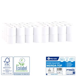 Papier toaletowy MERIDA TOP, biały, średnica 10,5 cm, długość 27,5 m, dwuwarstwowy, worek 64 szt., ECOLABEL