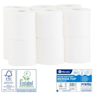 Papier toaletowy MERIDA TOP, biały, średnica 14 cm, długość 100 m, dwuwarstwowy, zgrzewka 12 szt., ECOLABEL