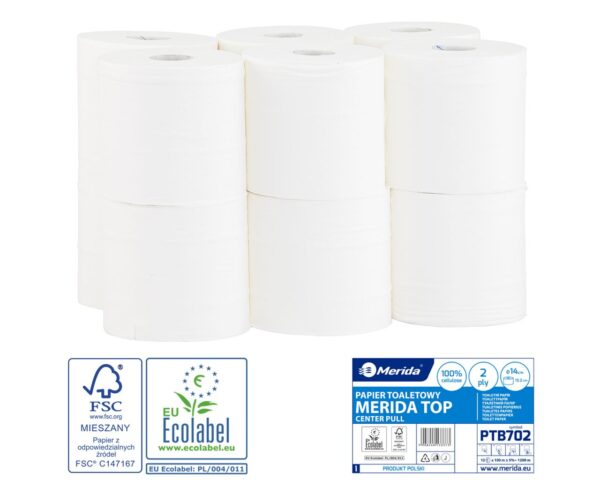 Papier toaletowy MERIDA TOP, biały, średnica 14 cm, długość 100 m, dwuwarstwowy, zgrzewka 12 szt., ECOLABEL