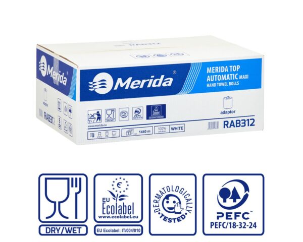 Ręczniki papierowe w roli z adaptorem MERIDA TOP AUTOMATIC MAXI, białe, średnica 19,5 cm, długość 240 m, dwuwarstwowe, karton 6 rolek, ECOLABEL