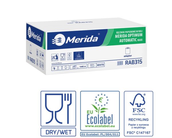 Ręczniki papierowe w roli z adaptorem, MERIDA OPTIMUM AUTOMATIC MAXI ECOLABEL, dwuwarstwowe, białe, średnica 19,5 cm, długość 240 m, karton 6 rolek