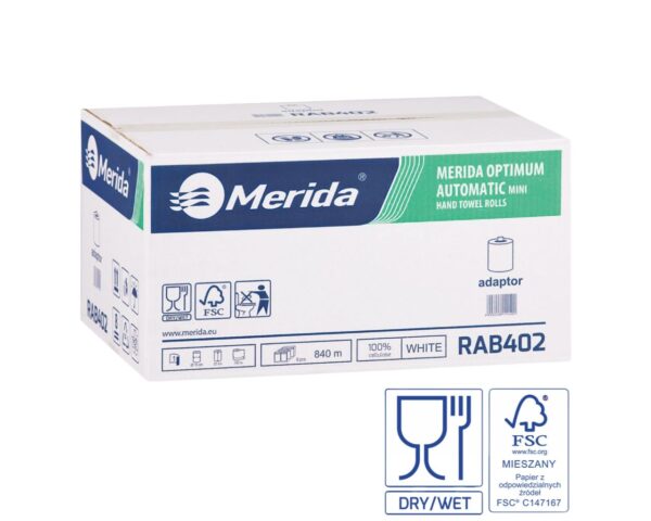 Ręczniki papierowe w roli z adaptorem MERIDA OPTIMUM AUTOMATIC MINI, białe, średnica 15 cm, długość 140 m, jednowarstwowe, karton 6 rolek