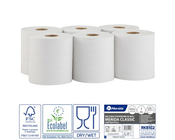 Ręczniki papierowe w roli MERIDA CLASSIC MAXI, białe, średnica 20 cm, długość 320 m, jednowarstwowe, zgrzewka 6 rolek, ECOLABEL Ręczniki papierowe w roli MERIDA CLASSIC MAXI, białe, średnica 20 cm, długość 320 m, jednowarstwowe, zgrzewka 6 rolek, ECOLABEL