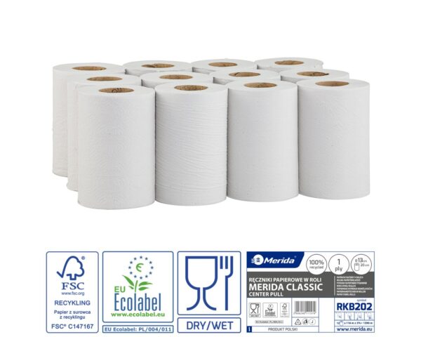 Ręczniki papierowe w roli MERIDA CLASSIC MINI, białe, średnica 13 cm, długość 116 m, jednowarstwowe, zgrzewka 12 rolek, ECOLABEL Ręczniki papierowe w roli MERIDA CLASSIC MINI, białe, średnica 13 cm, długość 116 m, jednowarstwowe, zgrzewka 12 rolek, ECOLABEL