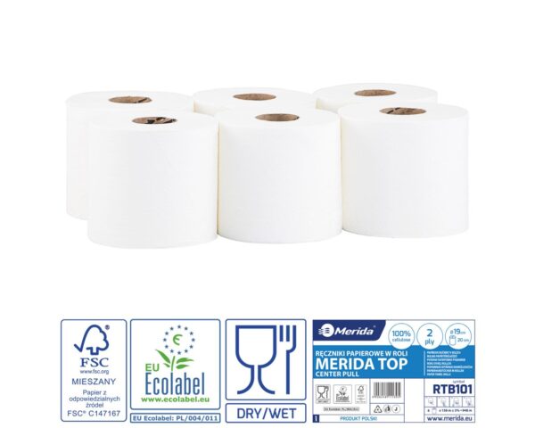 Ręczniki papierowe w roli MERIDA TOP MAXI, białe, średnica 19 cm, długość 158 m, dwuwarstwowe, zgrzewka 6 rolek, ECOLABEL