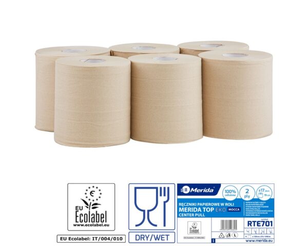 Ręczniki papierowe w roli MERIDA TOP EKO CENTER PULL MAXI, piaskowe, średnica 17,2 cm, długość 160,1 m, dwuwarstwowe, zgrzewka 6 rolek, ECOLABEL Ręczniki papierowe w roli MERIDA TOP EKO CENTER PULL MAXI, piaskowe, średnica 17,2 cm, długość 160,1 m, dwuwarstwowe, zgrzewka 6 rolek, ECOLABEL