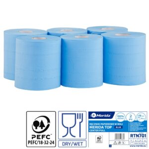 Ręczniki papierowe w roli MERIDA TOP CENTER PULL MAXI, niebieskie, średnica 18,4 cm , długość 160,1 m, dwuwarstwowe, zgrzewka 6 rolek