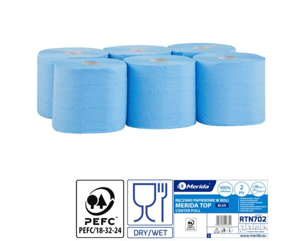 Ręczniki papierowe w roli MERIDA TOP CENTER PULL MINI, niebieskie, średnica 16,5 cm, długość 122 m, dwuwarstwowe, zgrzewka 6 rolek