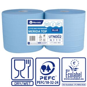 Czyściwo papierowe MERIDA TOP 28, długość 290 m, dwuwarstwowe, NIEBIESKIE, zgrzewka 2 sztuki, ECOLABEL