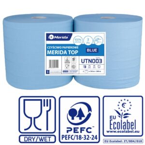 Czyściwo papierowe MERIDA TOP 28, długość 150 m, trzywarstwowe, NIEBIESKIE, zgrzewka 2 sztuki, ECOLABEL
