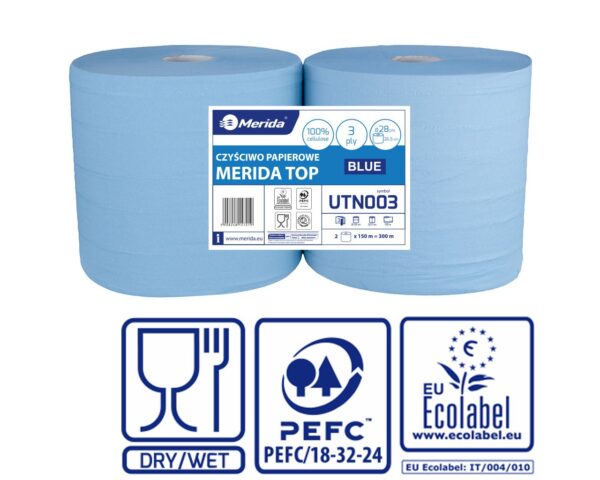 Czyściwo papierowe MERIDA TOP 28, długość 150 m, trzywarstwowe, NIEBIESKIE, zgrzewka 2 sztuki, ECOLABEL
