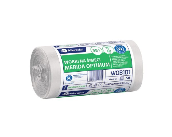 Worki na śmieci MERIDA OPTIMUM, 50 x 60 cm, pojemność 35 l, rolka 50 szt., BIAŁE, HDPE/LDPE Worki na śmieci MERIDA OPTIMUM, 50 x 60 cm, pojemność 35 l, rolka 50 szt., BIAŁE, HDPE/LDPE