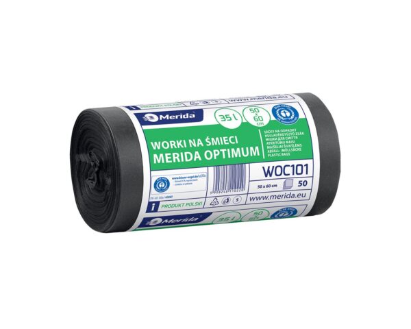 Worki na śmieci MERIDA OPTIMUM, 50 x 60 cm, pojemność 35 l, rolka 50 szt., CZARNE, HDPE/LDPE Worki na śmieci MERIDA OPTIMUM, 50 x 60 cm, pojemność 35 l, rolka 50 szt., CZARNE, HDPE/LDPE