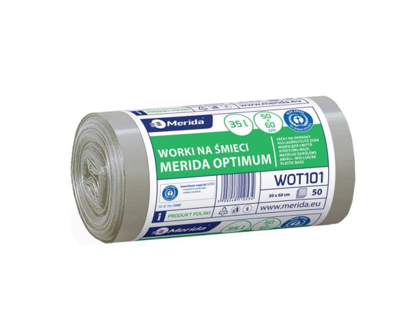 Worki na śmieci MERIDA OPTIMUM, 50 x 60 cm, pojemność 35 l, rolka 50 szt., BEZBARWNE, HDPE/LDPE Worki na śmieci MERIDA OPTIMUM, 50 x 60 cm, pojemność 35 l, rolka 50 szt., BEZBARWNE, HDPE/LDPE