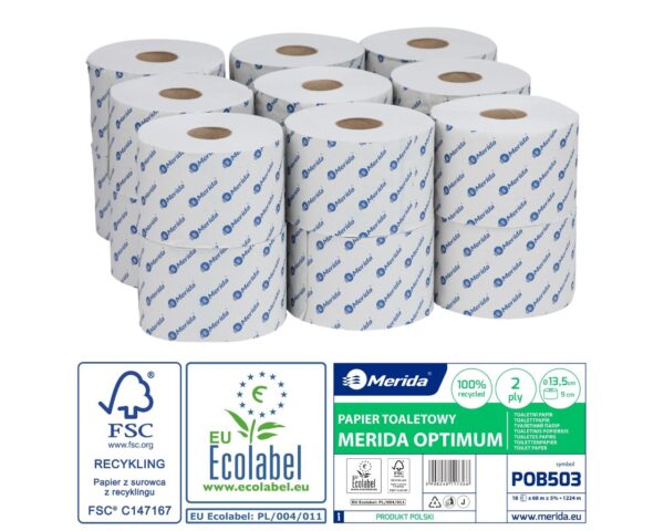 Papier toaletowy MERIDA OPTIMUM, biały, średnica 13,5 cm, długość 68 m, dwuwarstwowy, worek 18 szt., ECOLABEL Papier toaletowy MERIDA OPTIMUM, biały, średnica 13,5 cm, długość 68 m, dwuwarstwowy, worek 18 szt., ECOLABEL