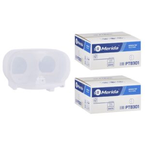 Pojemnik na dwie rolki papieru toaletowego bez gilzy MERIDA HARMONY za 50 zł netto przy zakupie 2 kartonów papieru toaletowego MERIDA TOP PTB301 (36 x 85 m = 3060 m, 12 240 listków)